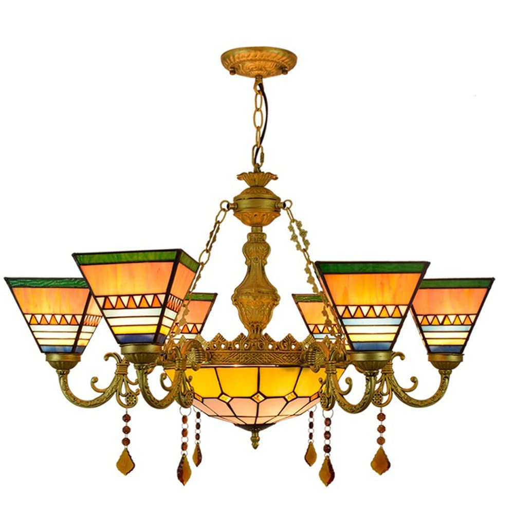 FYZDLAOR 6+1-Light Chandelier,with Pyramid Shape Lampshade Pendant Light Light Fixtures,Tiffanystyle Stained Glass Hanging Light Wide 32 Inch with Crystal Pendant