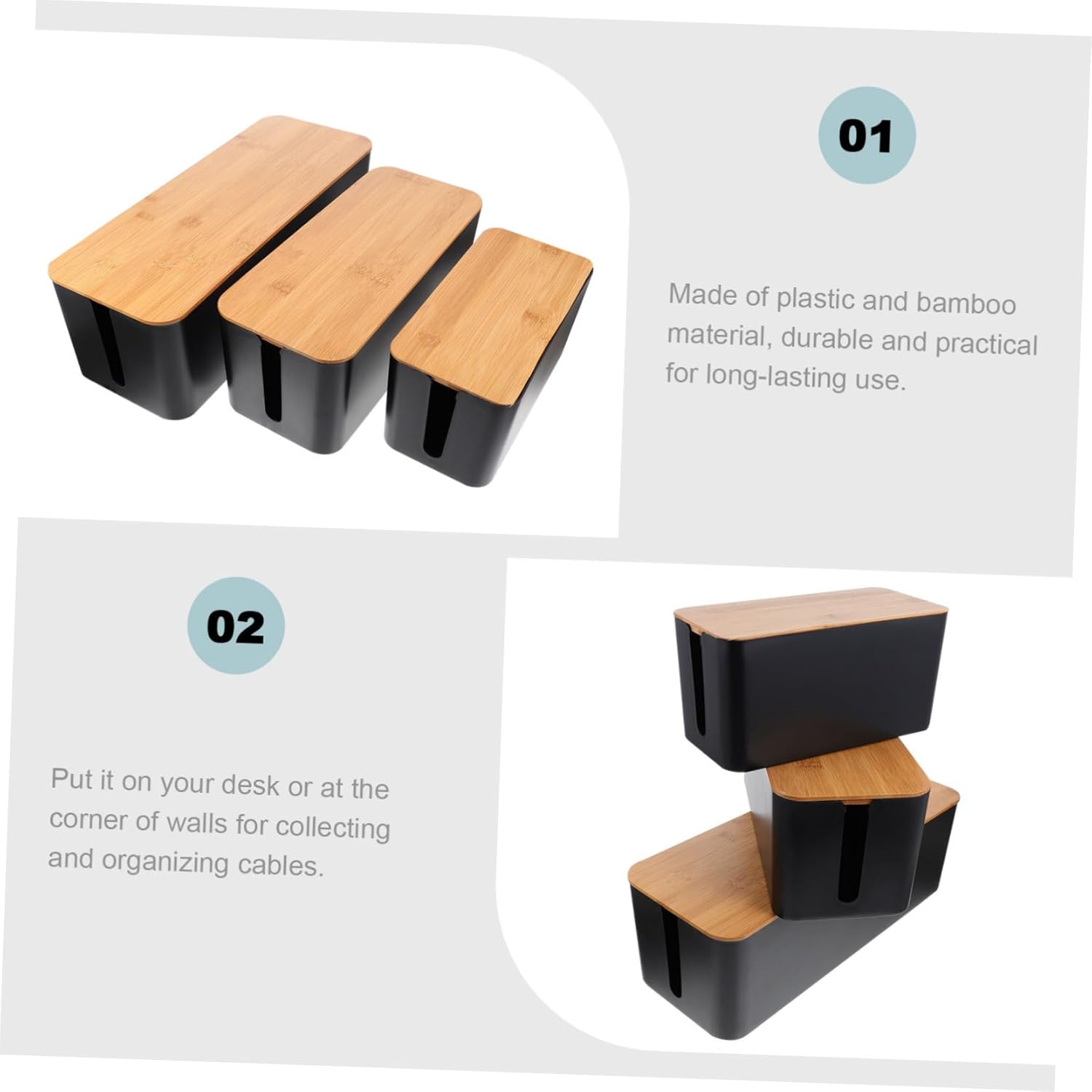 3Pcs Cable Management Box Stylish Desktop Power Line Organizer for Home Office Electric Socket Case for Power Strips Chargers Adapters Compact