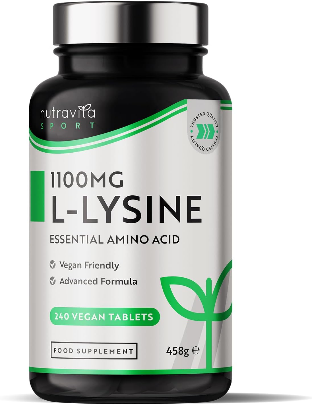 L-Lysine 1100mg High Strength - 240 Vegan & Gluten Free Tablets (8 Month Supply) - Cold Sore Treatment, Essential Amino Acid Supplement - Normal Growth and Muscle Turnover - Made in The UK