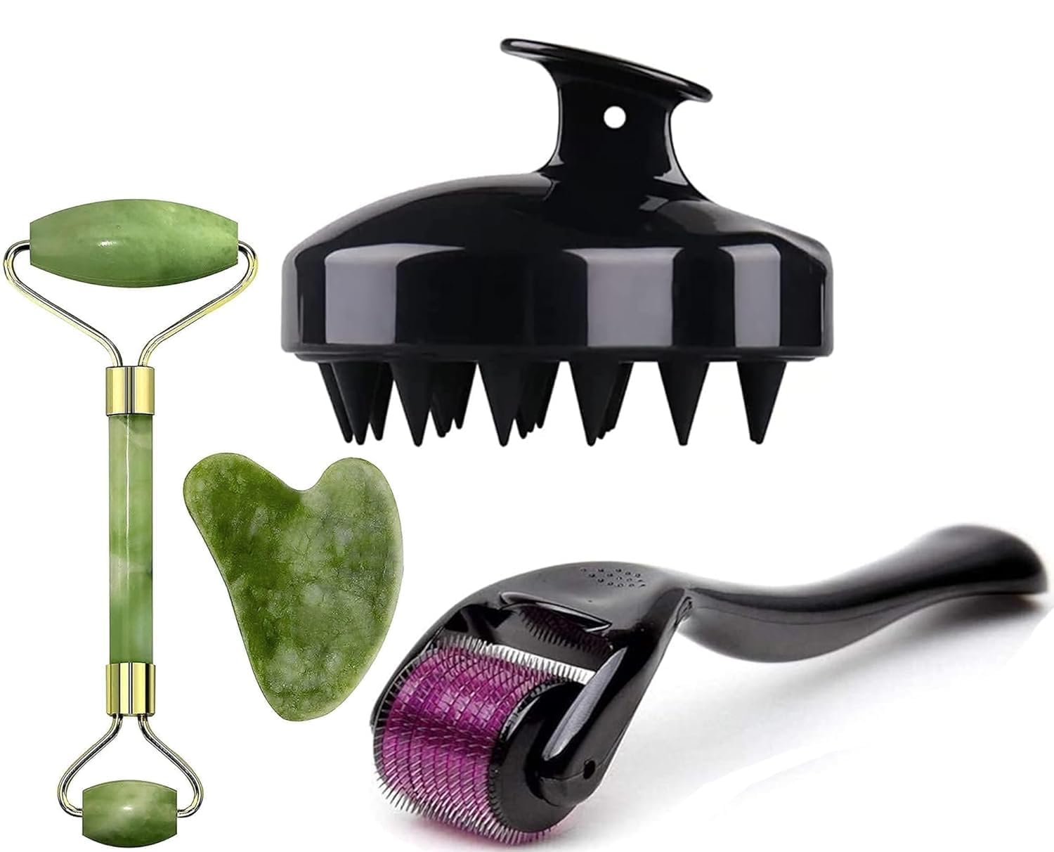 GROFL (Combo Pack Of 3)Facial Massager Jade Roller&Gua Sha Tool Natural Himalayan Stone For Face Neck Healing Skin Wrinkles&Serum Application Hair Scalp&Ice Massager Combo Offer(Multy Coloured) (Jade Roller Pack of 2) (STON+DRMA+SCALP)-image-26