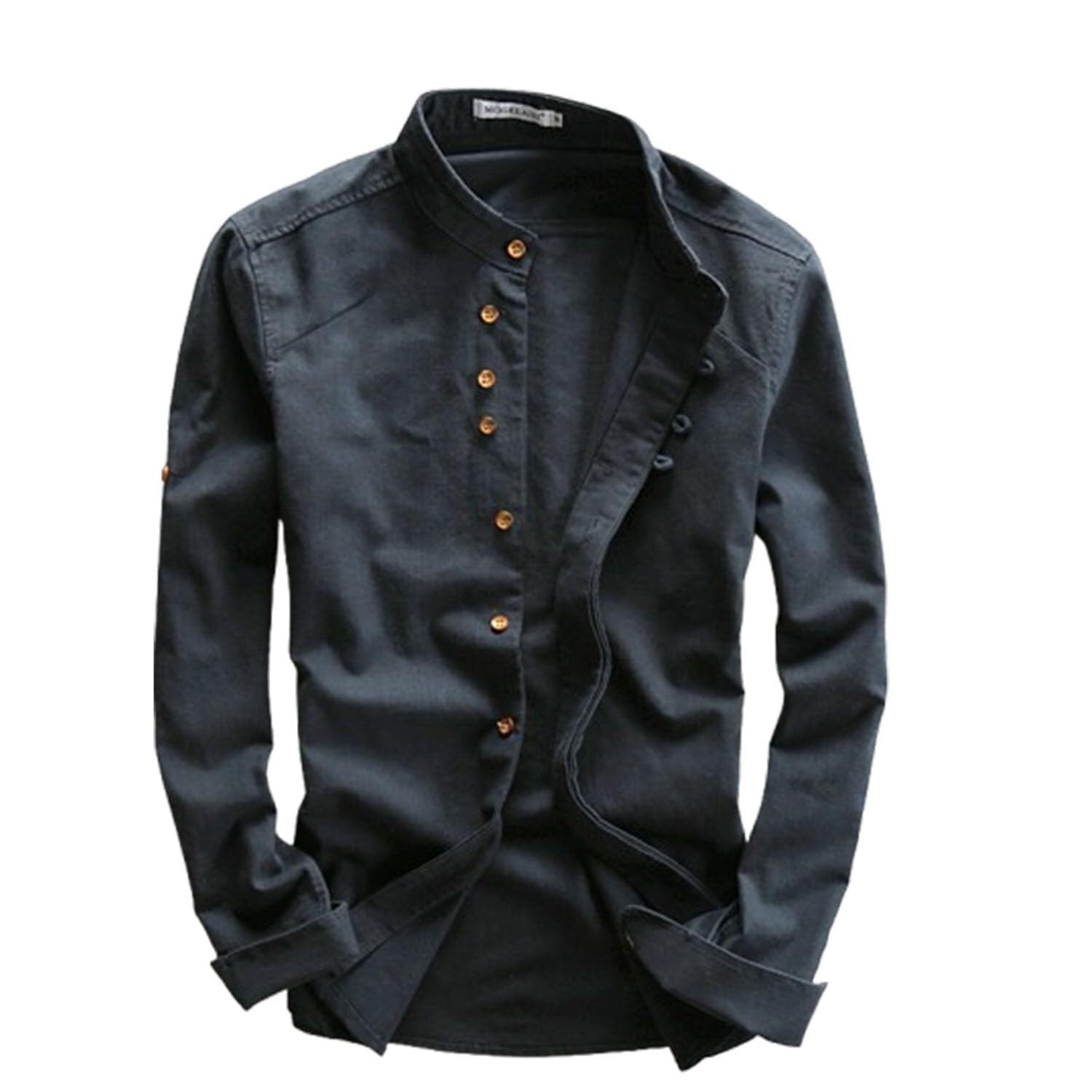 Soulona Men's Katana Japan Style Shirt, Premium Linen Cotton Blend, Tailored Fit, Long Sleeve(Blue,L)