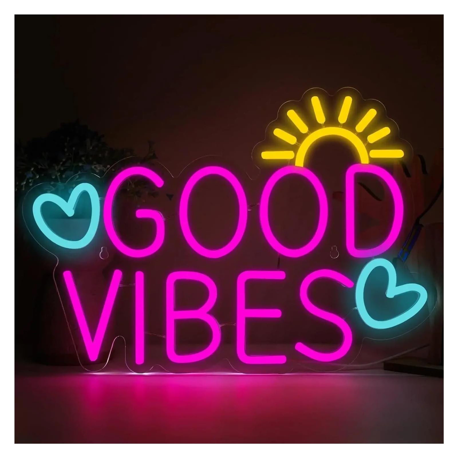 Luz de Diseño de Digital Letrero De Neón Rosa Good Vibes Luz LED Regulable Alimentada Por USB Para Sala De Estar, Dormitorio Decoración, Arte De Pared Para El Hogar 28.7cm×41.9cm