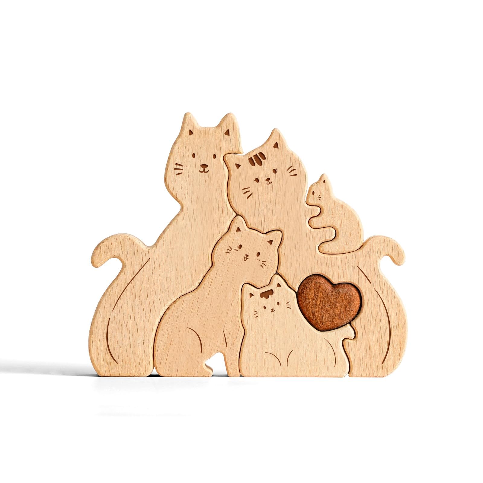 Uniwooder Wooden Cat Family Puzzle, Personalized Wooden Puzzle Customized 5 Name Puzzle for Home Crafts Decor, House Warming Birthday Family Party for