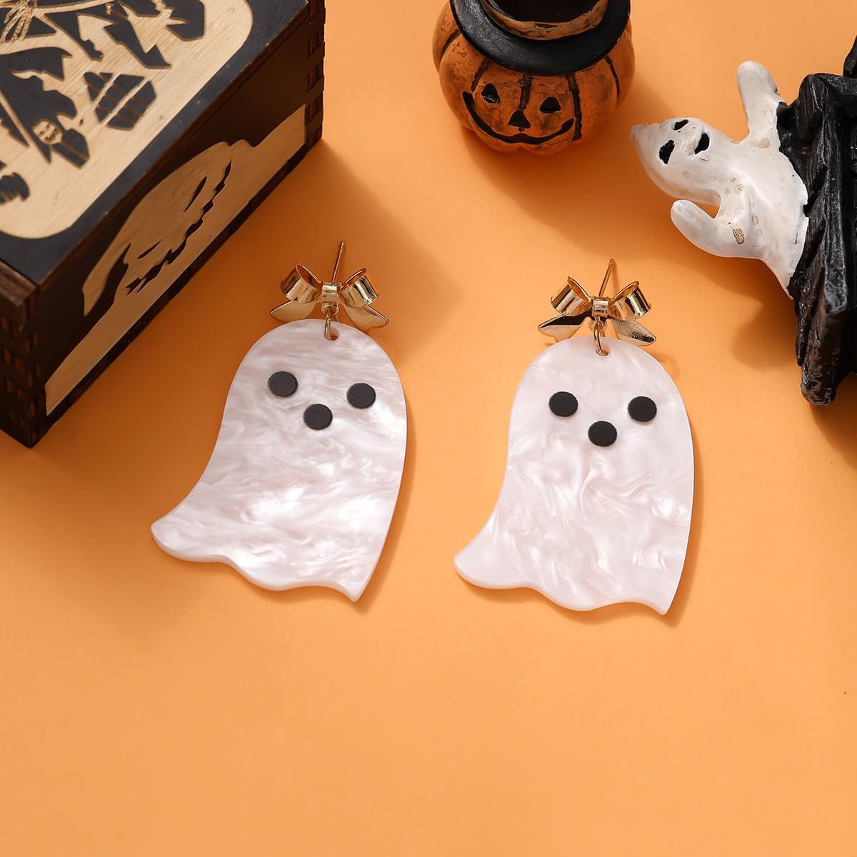 Halloween Ghost Earrings for Women – Spooky Cute 14K Gold Plated Bow Dangle Jewelry, Fun Halloween Accessories Gifts - Image 2