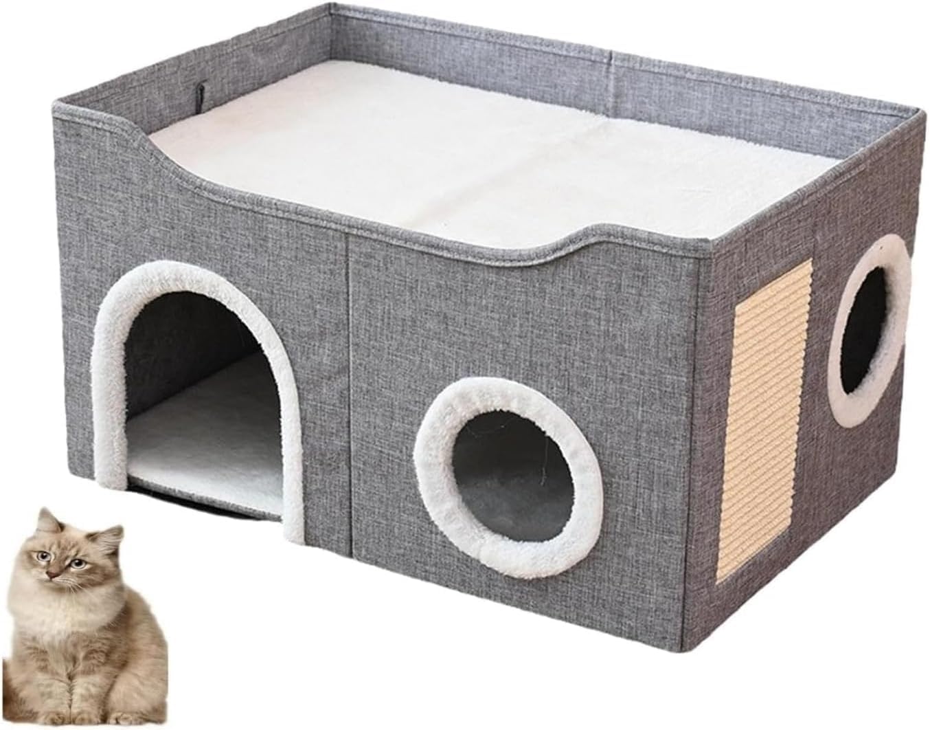 Large Cat House for Indoor Cats, Cat Cave Bed for Large Pet Cat, Foldable Cat Hideaway with Scratch Pad, Covered Cat Bed