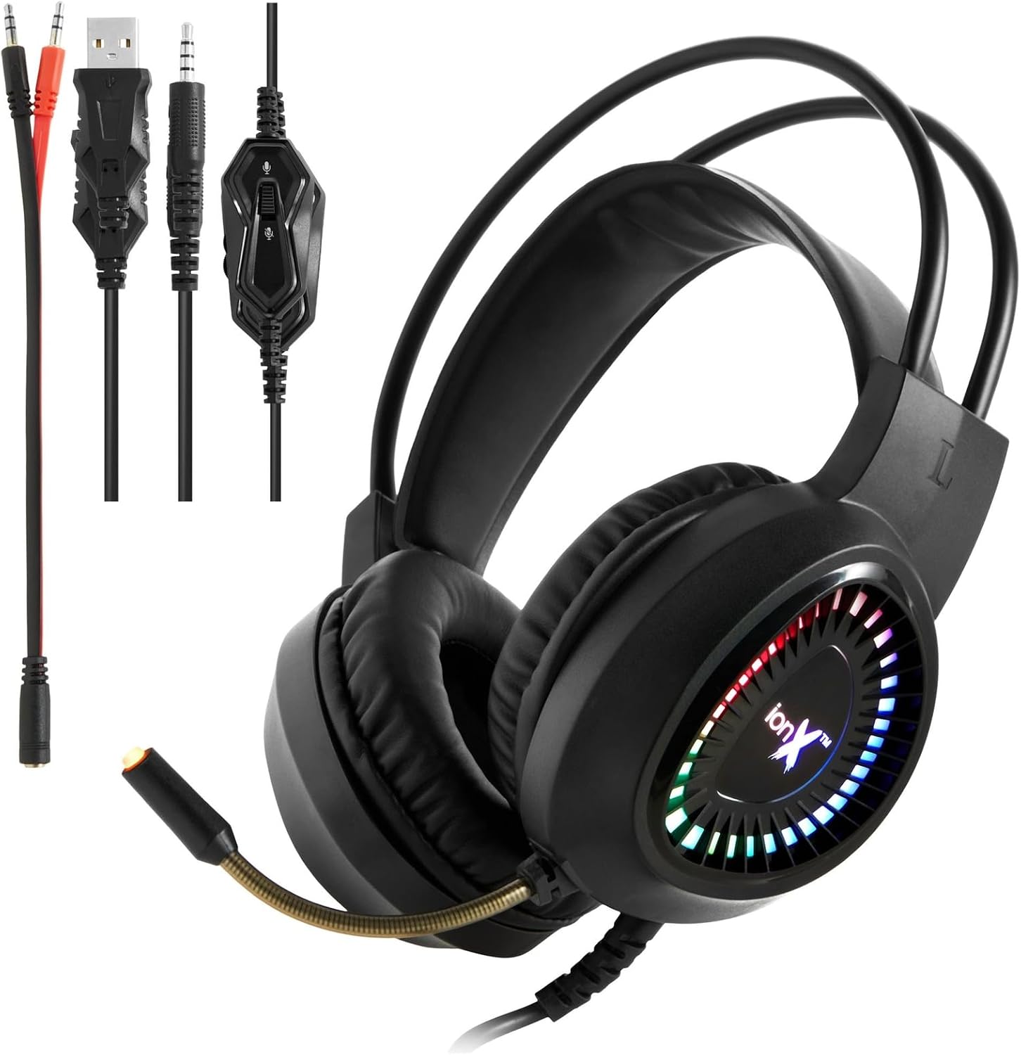 ionX Gaming Headset - Black Over-Ear Wired - USB-Powered RGB Lighting & 3.5mm Jack - Headset with Mic for PC & Console