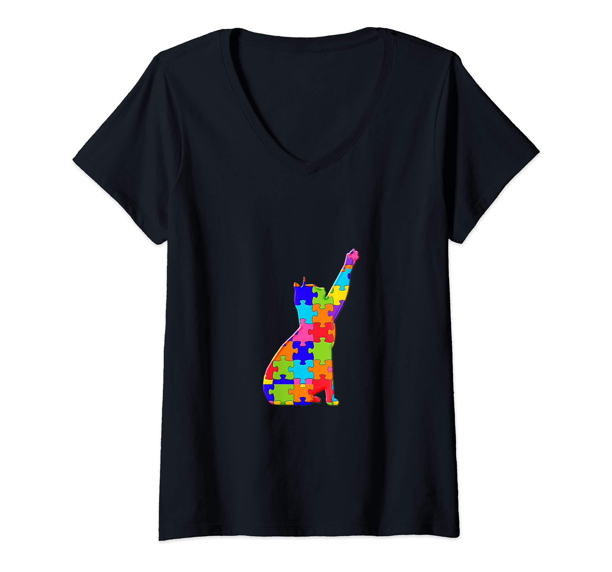 Womens cat Pet Animal Jigsaw Autism Puzzle V-Neck T-Shirt