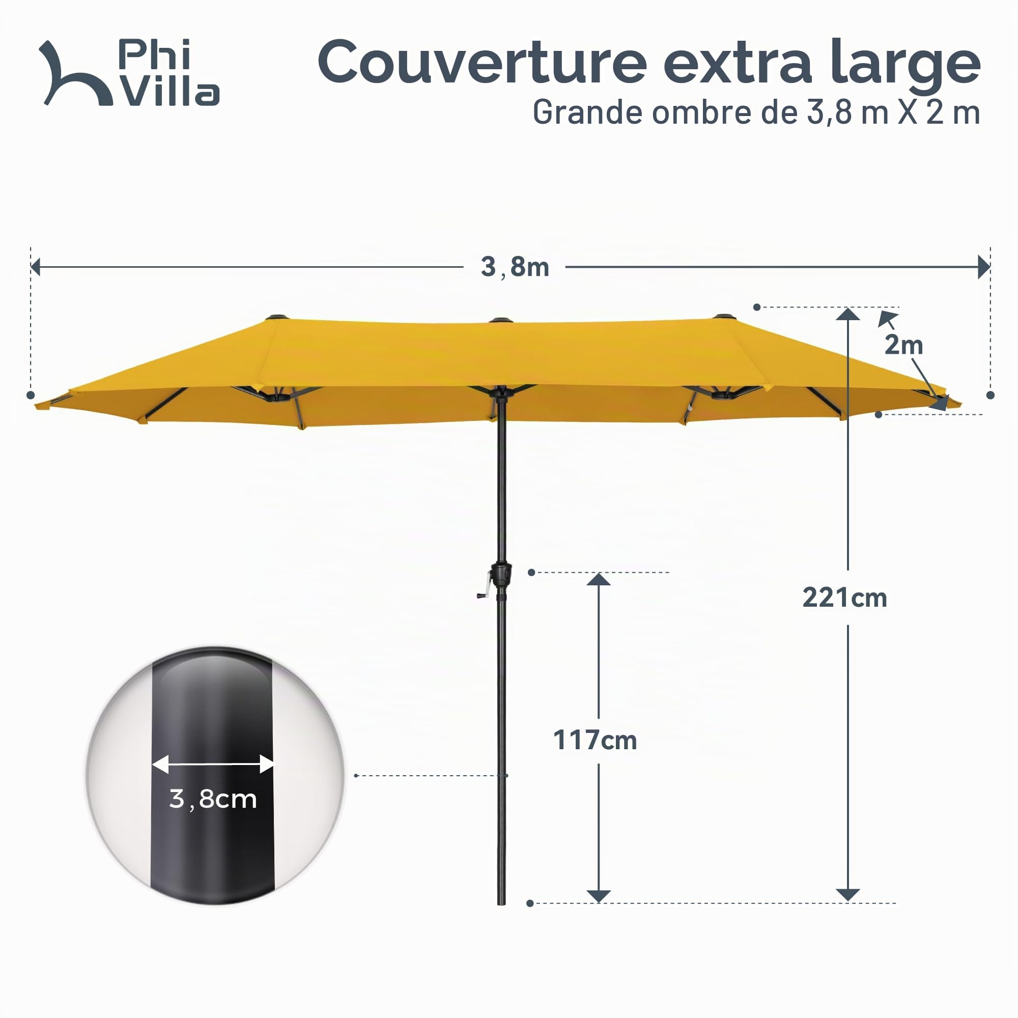 PHI VILLA Parasol de Jardin Extérieur,2x3,8m Parasol Double Face Rectangulaire avec Manivelle,Protection Solaire pour Terrasse, Résistant à l'Eau,Anti au vent
