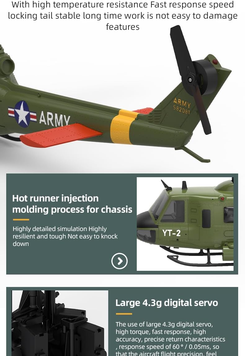 YU Xiang F07 1/34 Scale UH-1 Huey RC Helicopter for Adults, 2.4G 6CH Brushless Direct-Drive 6G Flybarless Direct-Drive RTF Helicopter with Optical Flow Positioning, 2 Batteries