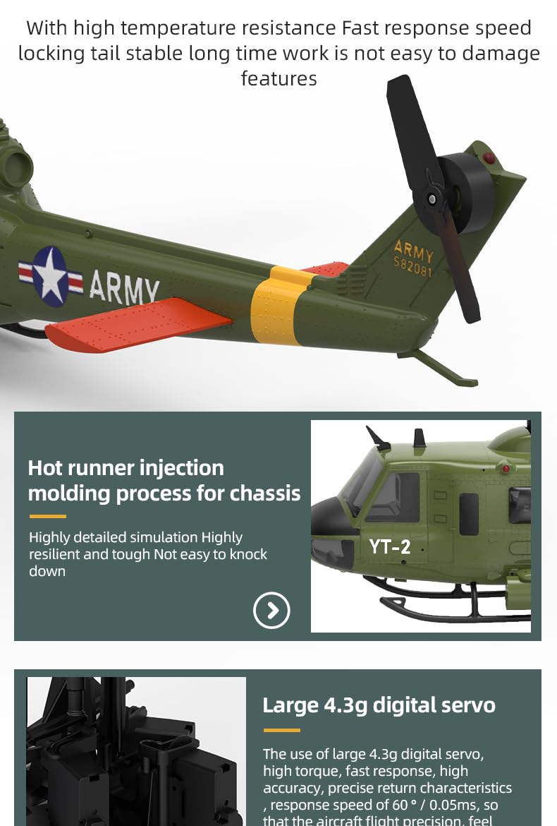 NULA YUXIANG F07 UH-1D RC Hubschrauber für Erwachsene, 1/34, 6 H 2,4 G 6-Achsen-Gyro 3D/6 G Bürstenloser Ferngesteuerter Helikopter Flugflugzeug Optische Flusspositionierung – 2 Batterie