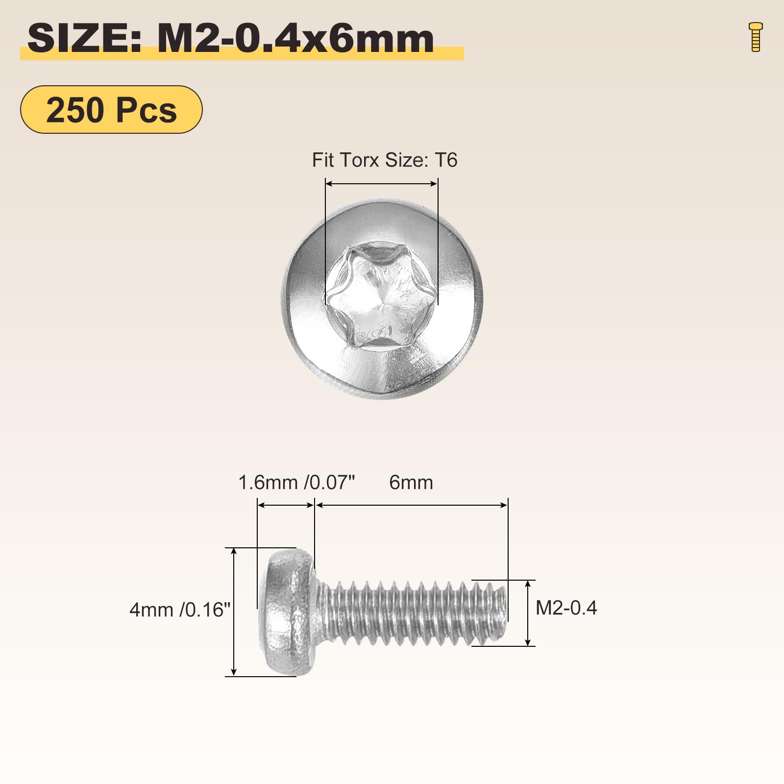 METALLIXITY Pan Head Torx Security Screws Bolts (M2-0.4x6mm) 250Pcs, Button Torx Head Machine Screws 304 Stainless Steel - Image 2