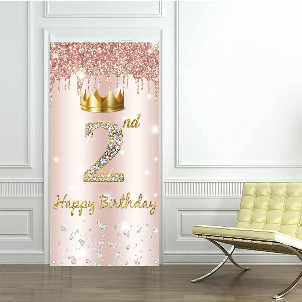 2. urodziny dziewczyna dekoracja, Druga urodziny dekoracja drzwi różowe złoto, materiał tabliczka 2. urodziny Przez wiszący plakat, 2. urodziny tło baner impreza tabliczka powitalna z elementem diamentowym