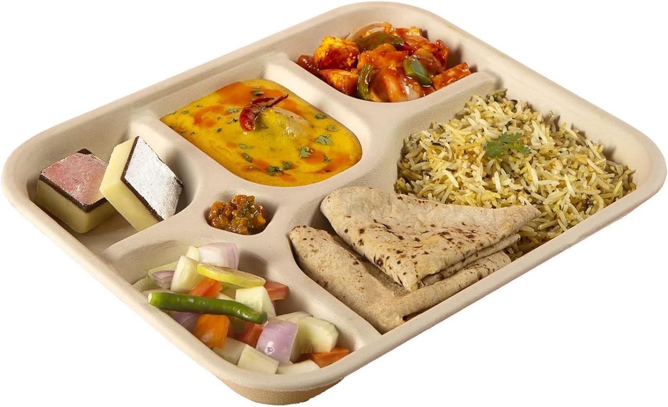 [5-Compartment, 10 Count, Beige Disposable Bagasse Plates | Eco-Friendly Sugarcane Meal Tray for Wedding, Party, Picnic, Event | Mess-Free Sections