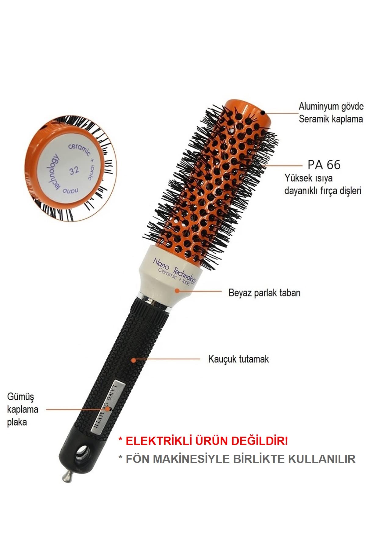 LAND OF MYTH - Lom1304 Nano Teknoloji Seramik + İyonik Termal Fön Saç Fırçası, Profesyonel Seri (53 mm)