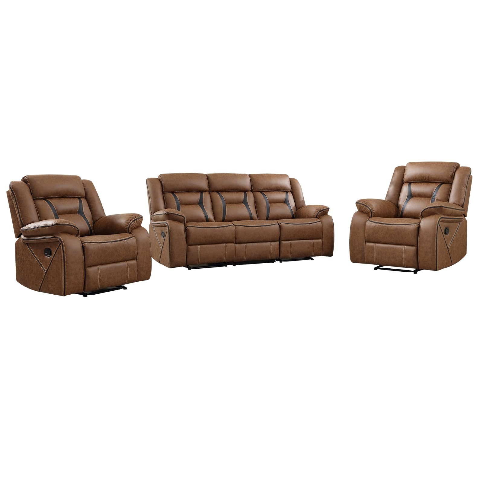 EBELLO Faux Leather Recliner Sofa Furniture Set for Living Room, 2 Recliner Chairs, 3 Seat Reclining Sofa Couch Set for Meeting Room, Brown view 7