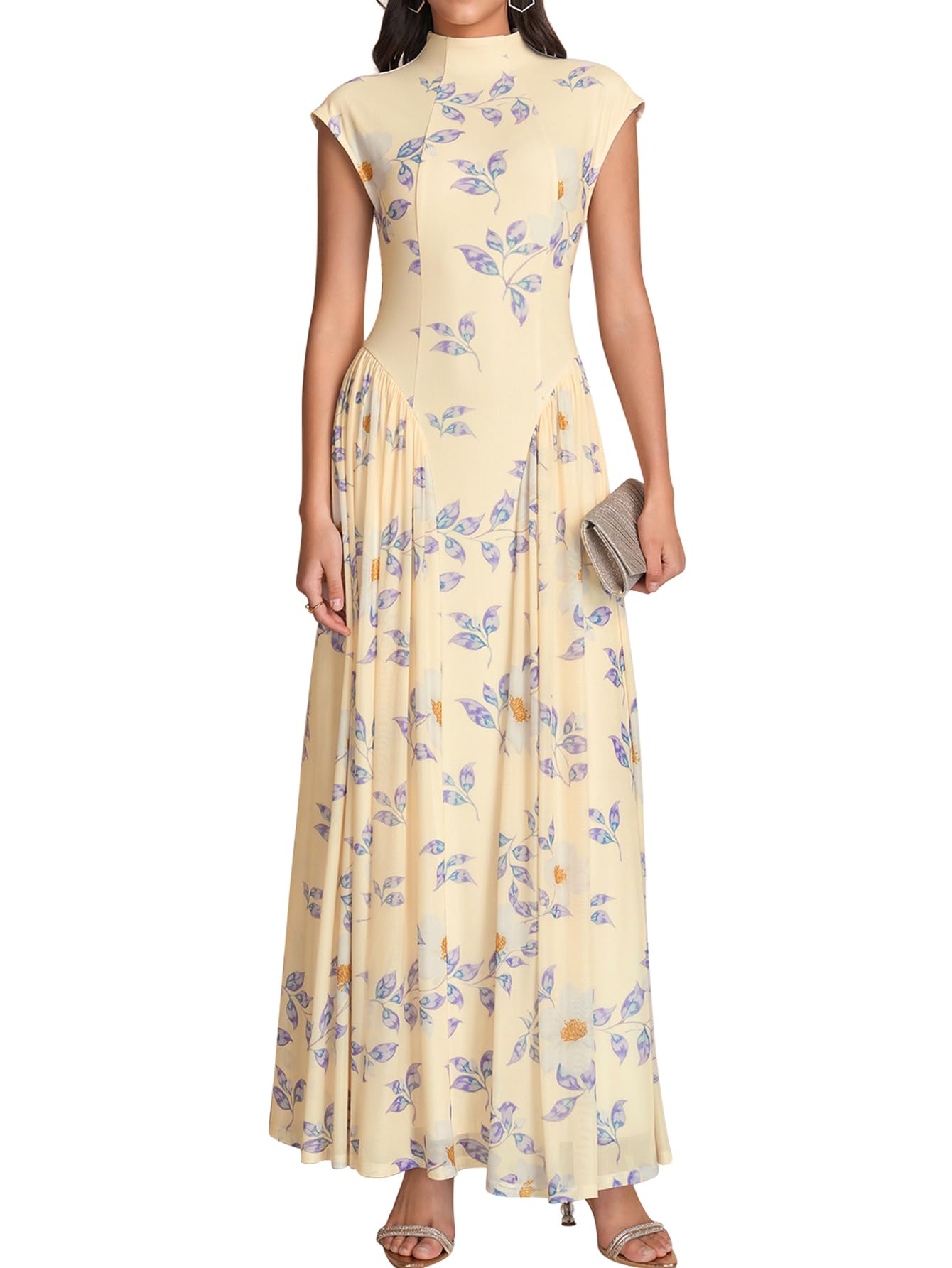 Kutumai Floral Summer Long Formal Wedding Guest Dresses For Women 2026 Elegant Classy Mock Neck Maxi Cocktail Dress