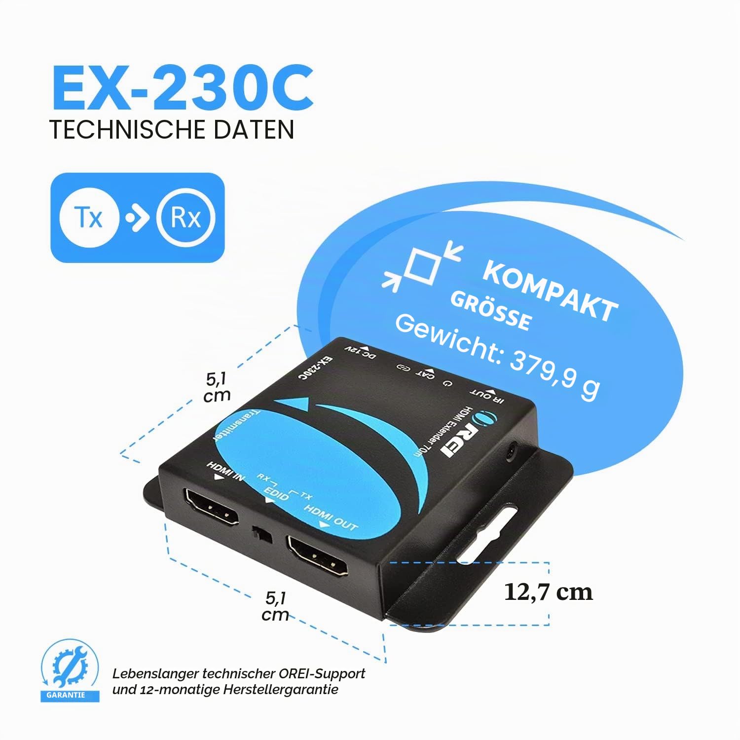 OREI 4K HDMI Over Ethernet CAT6/CAT7 Extender, Extender RJ45 4K @ 30Hz bis zu 130 Ft 1080P bis zu 230 FT Full HD POC Transmitter & Receiver IR Loop Out (EX-230C)