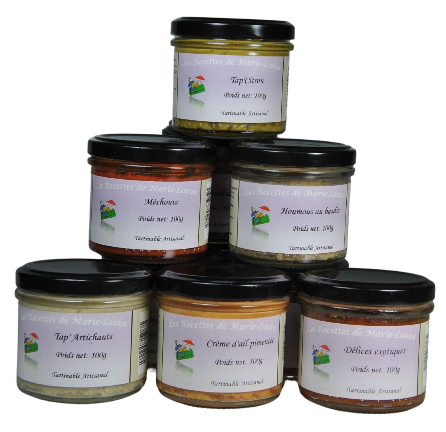 Lot de 6 tartinables artisanaux pour l'apéritif (Les classiques: Tap' Kalamata, Tap' Verte, Tap' Poivrons, Houmous au basilic, Tap' Artichauts, Tap' Tomates)
