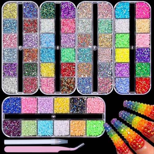 20000pcs 2mm Sparkling Crystal Nail Rhinestones Pearls Kit 5 Boxes Flatback Multicolor Transparent Jelly AB Mermaid Gems with Pick Up Pen and Tweezers for Manicure Salon & Craft DIY Designs (2mm)