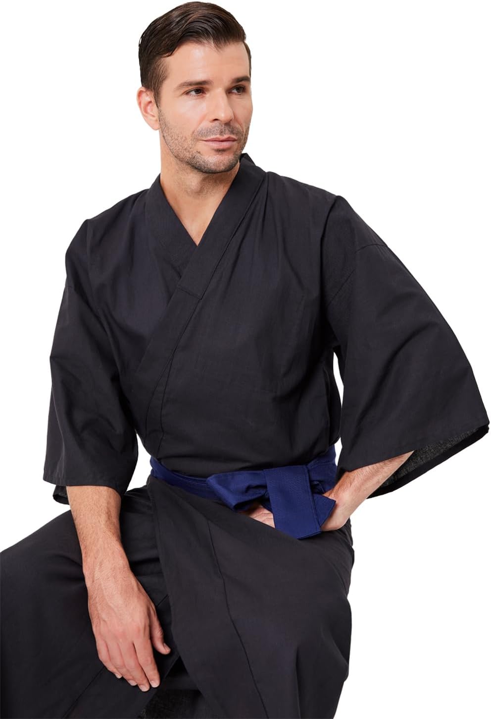 Mens Solid Navy Yukata, Lightweight Summer Robe, 100% Cotton, Made in Japan
