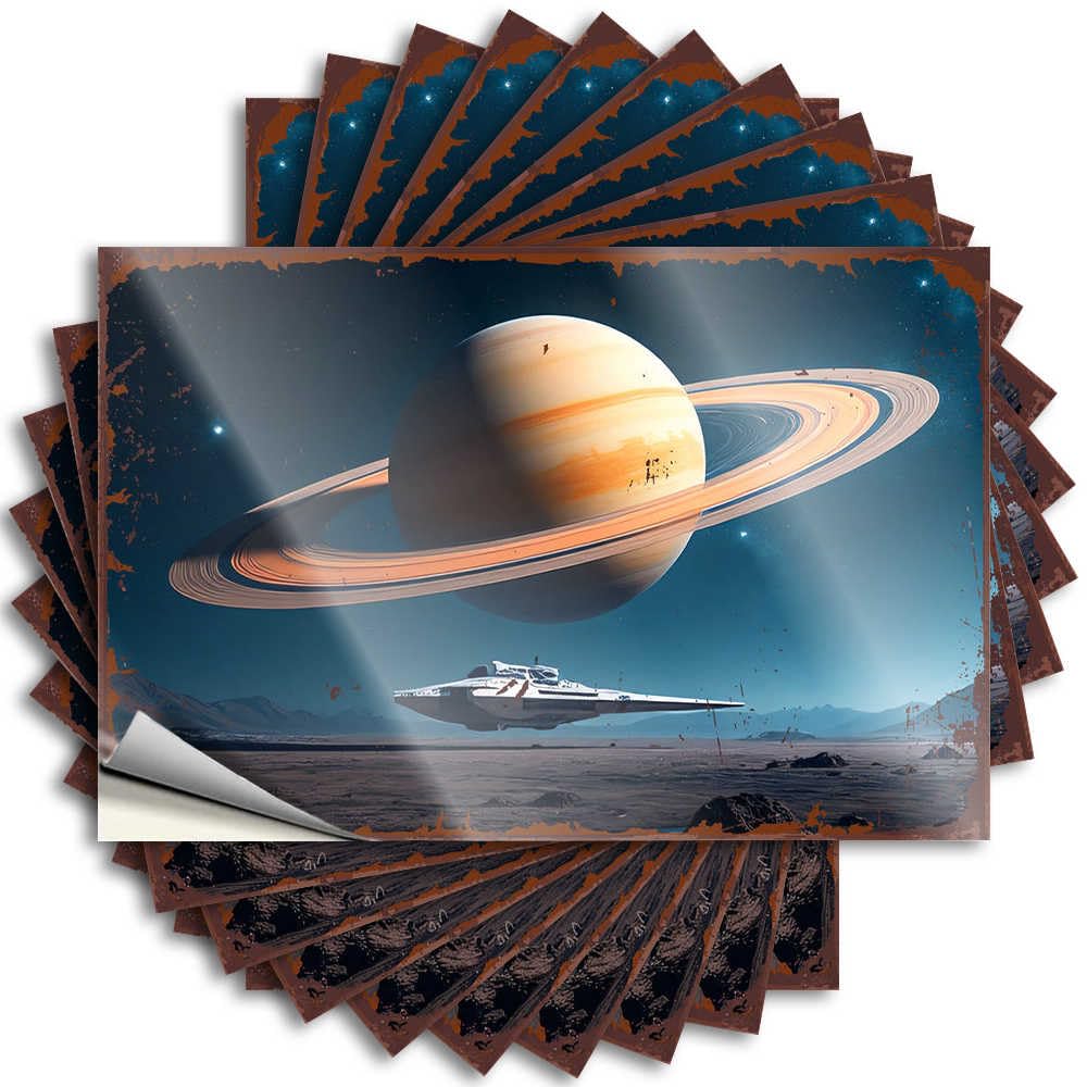 Spacecraft Hovering Near Saturn's Rings in A Futuristic Landscape Bath Decor Motivational - Sticker Bottle Waterproof Decal(8X12CM)