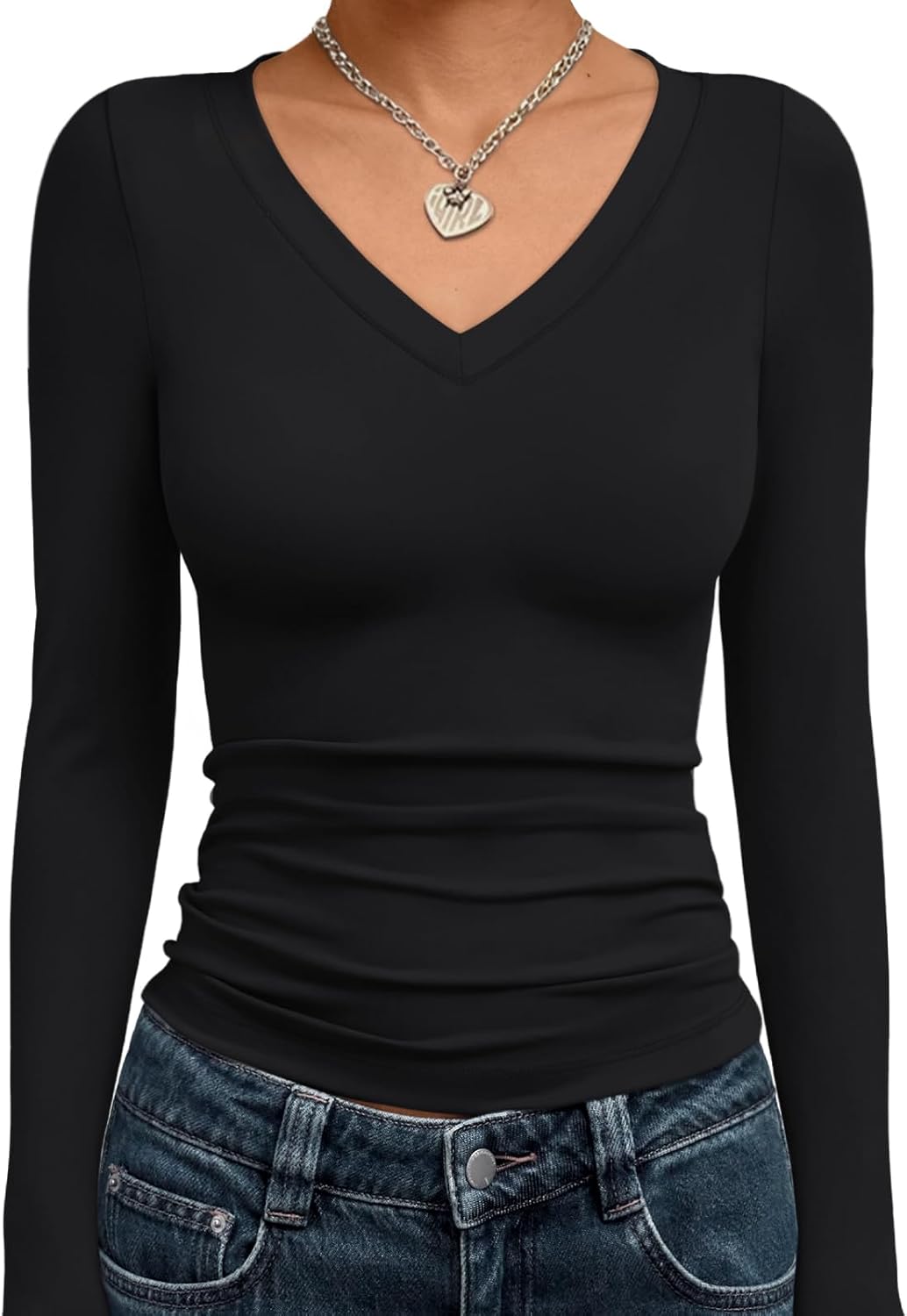 Trendy Queen Long Sleeve Shirts for Women 2025 Fall Fashion V Neck Basics Crop Tops Slim Fitted Y2K Tops Outfits Clothes