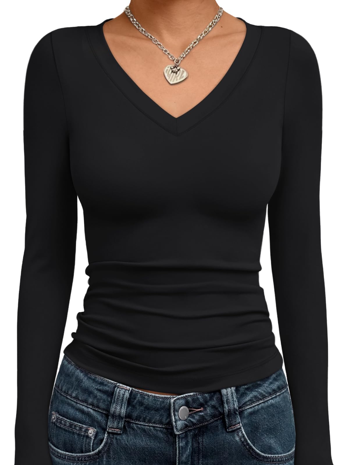 Trendy Queen Long Sleeve Shirts for Women 2026 Fall Fashion V Neck Basics Crop Tops Slim Fitted Y2K Tops Outfits Clothes