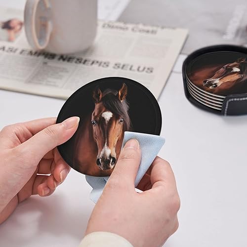 Miniatura 7 de Posavasos de cuero de caballo marrón para bebidas con soporte, juego de 6 posavasos de mesa para beber, sala de estar, cocina, decoración de café
