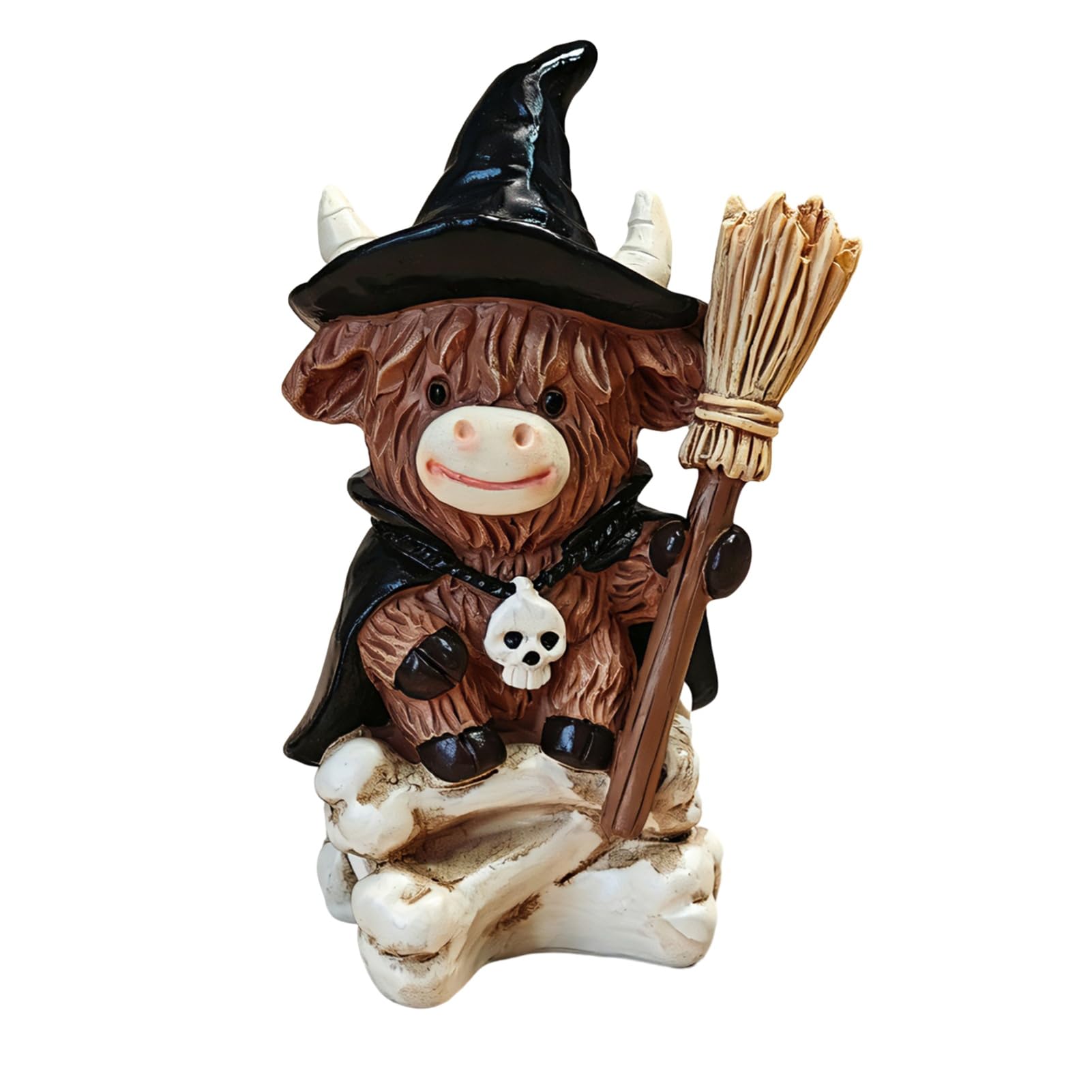 pidodou Highland Cow Figurine Halloween Witch Pumpkin Skull Resin Scottish Ornament for Calf Lovers Shelf Tiered Tray Mantel Tabletop Decor A