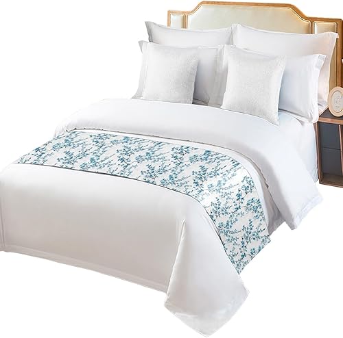 Camino de cama de flores azules para cama de tamaño matrimonialqueen, protector de colcha, bufanda de cama para pies y bufandas para dormitorio,