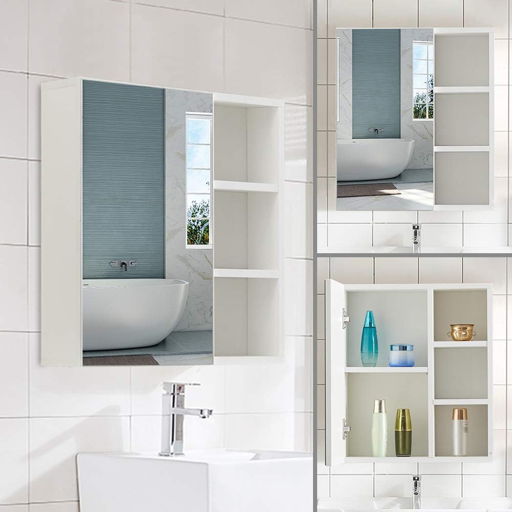 CLIPOP Armoire à Miroir Murale, Armoire de Salle de Bain avec Miroir, 3 Étagères Ouvertes et Étagère Réglable, pour Buanderie, Chambre, Salon