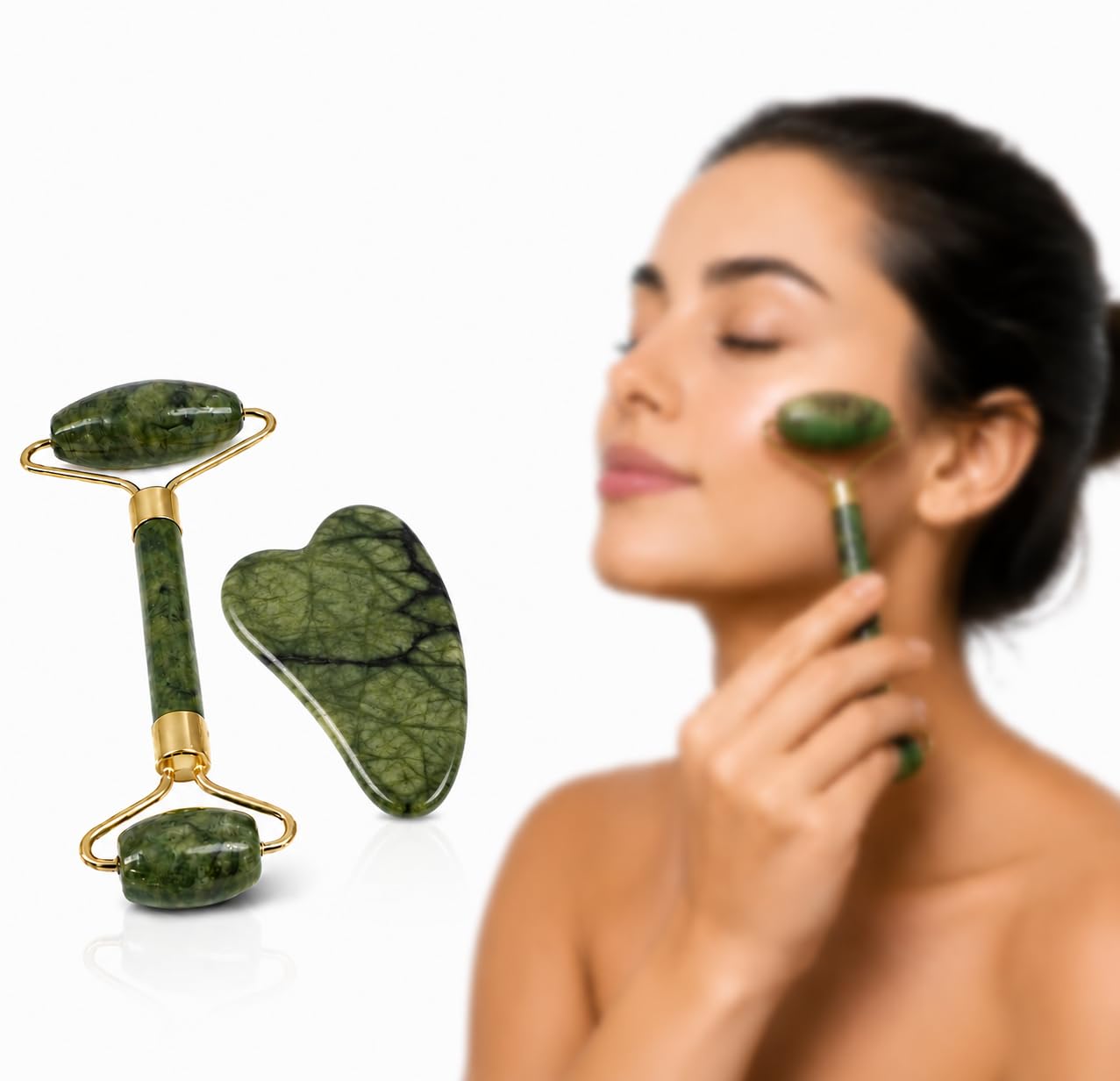 Conjunto Jade Roller e Placa Gua Sha | Massageador Facial de Pedra Jade Natural Xiuyan,