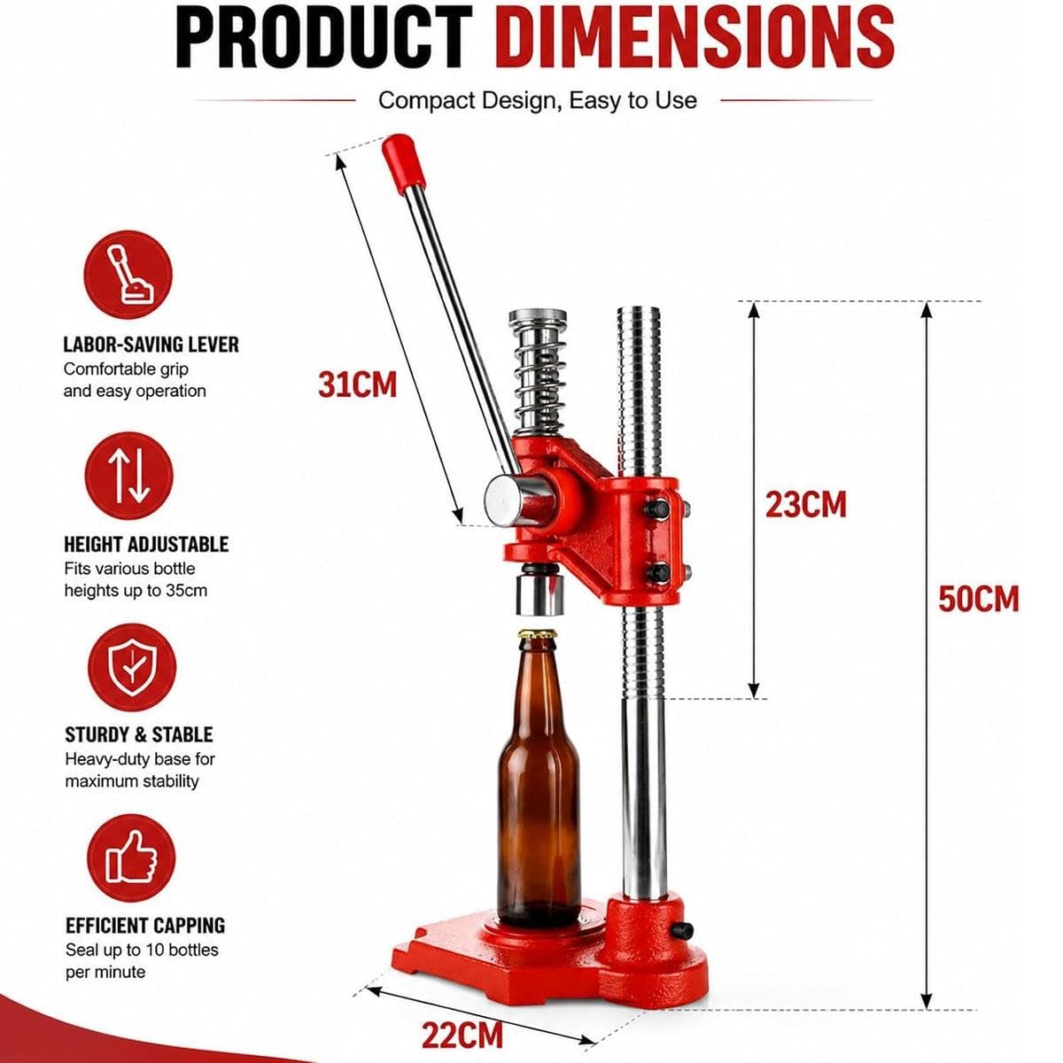 Tappatrice manuale bottiglie birra,regolabile in altezza for tappi 26 mm