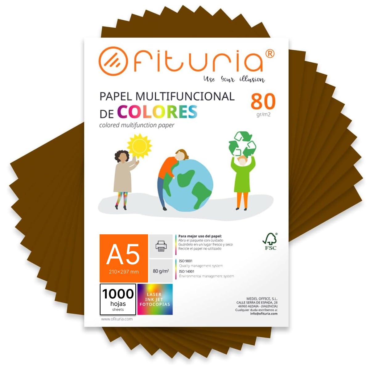 OFITURIA Fogli Colorati A5 80g, Confezione da 1000 Fogli – Carta Colorata per Lavoretti, Stampante e Scrapbooking – Fogli A5 Colorati – Ideale Origami, Ufficio e Scuola (Marrone)