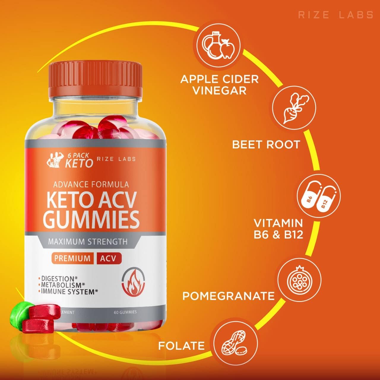 rize labs - 6 Pack Keto Advanced Formula ACV Gummies (Pack of 5) (300 Gummies)