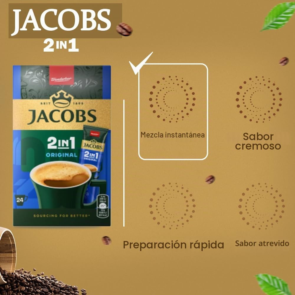 JACOBS 2 en 1, café instantáneo en polvo, 6 x 24 sobres/saquitos, 297.6g