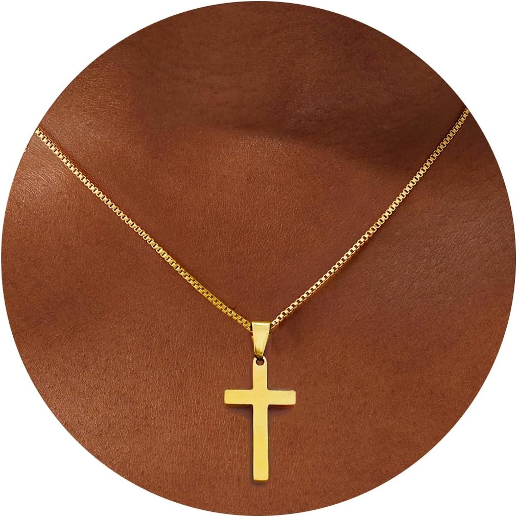 Eioi & Lmnm 18K Gold Plated Cross Necklace for Women, Dainty Simple Classic Cross Pendant Necklace, Stainless Steel Thin Box Chain Cross Pendant Necklaces, Jewelry Gifts for Women