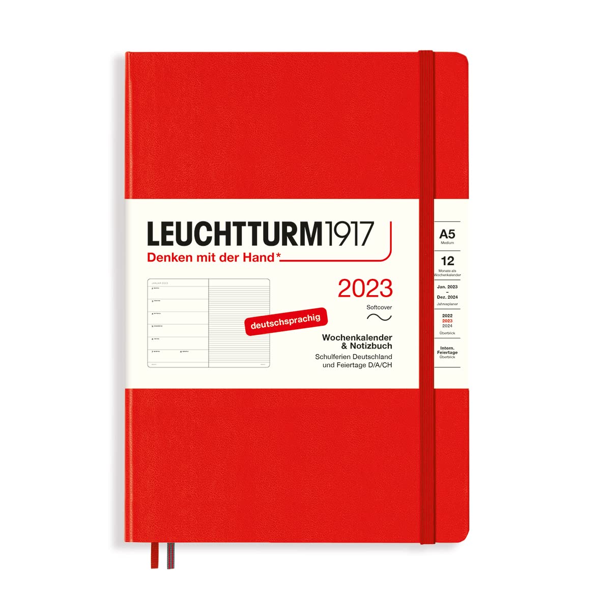 LEUCHTTURM1917 365690 Weekly Calendar & Notebook Softcover Medium (A5) 2023, 12 Months, Red, German