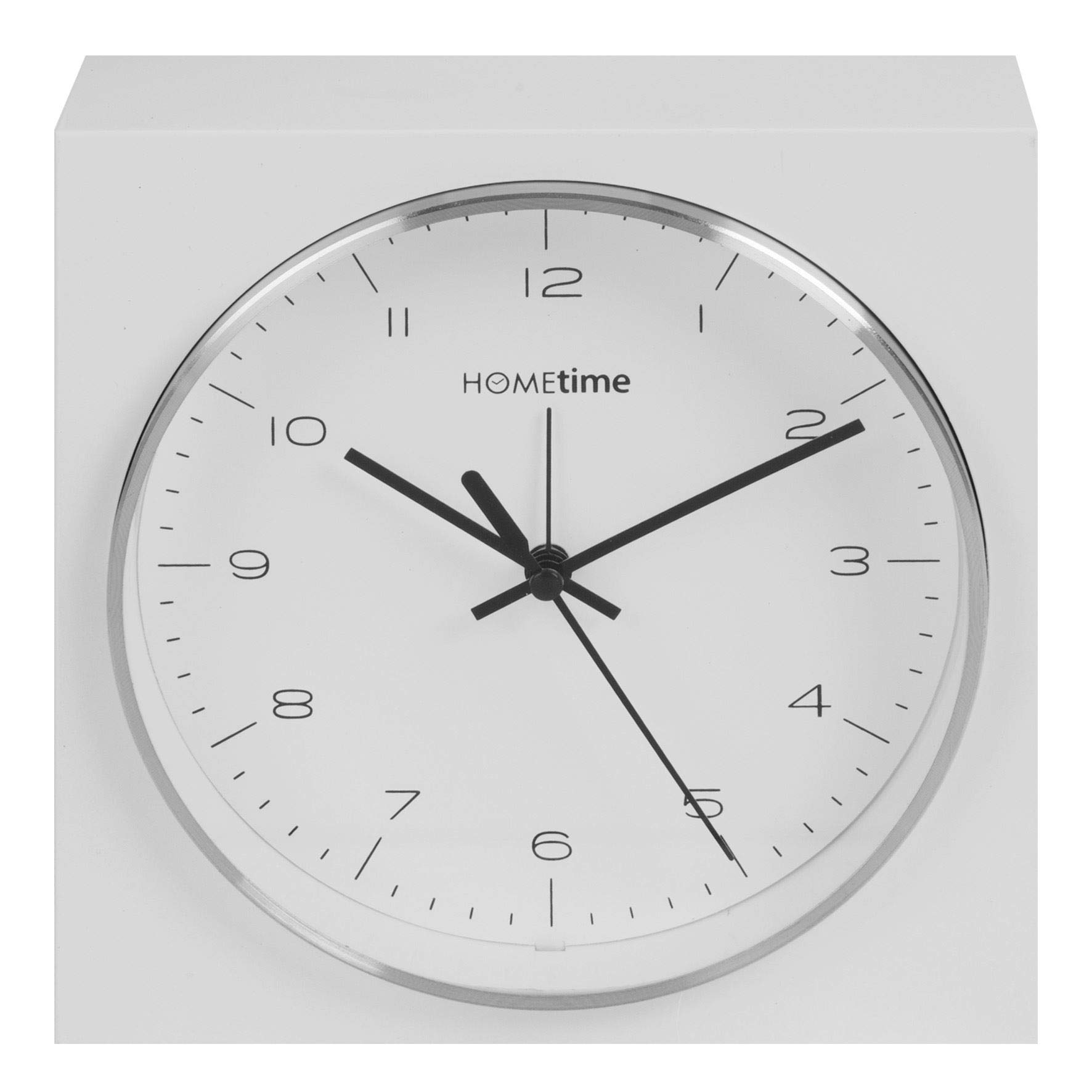 Hometime Square White Alarm Clock Round Silver Bezel Dial 16cm