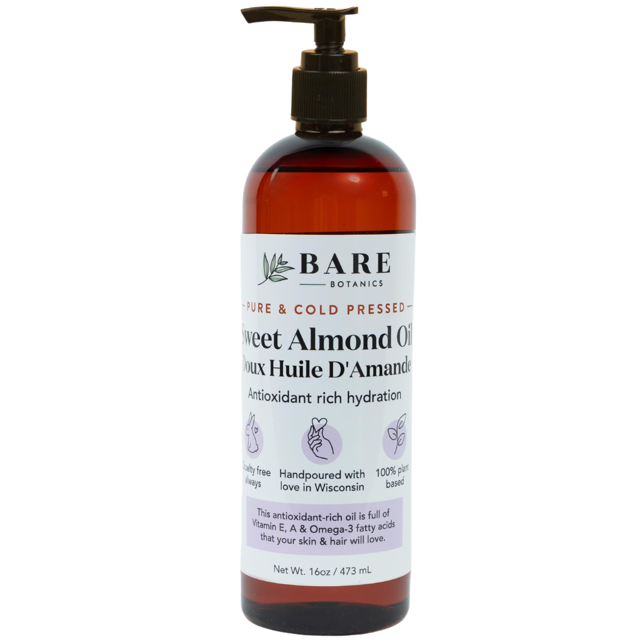 Bare Botanics 100% Pure Sweet Almond Body Oil 16 oz - Cold Pressed & Natural for All Over Moisturization - Multipurpose Carrier Oil for DIY - Hydrate Dry Skin, Hair & Body - Vegan, Cruelty Free Beauty