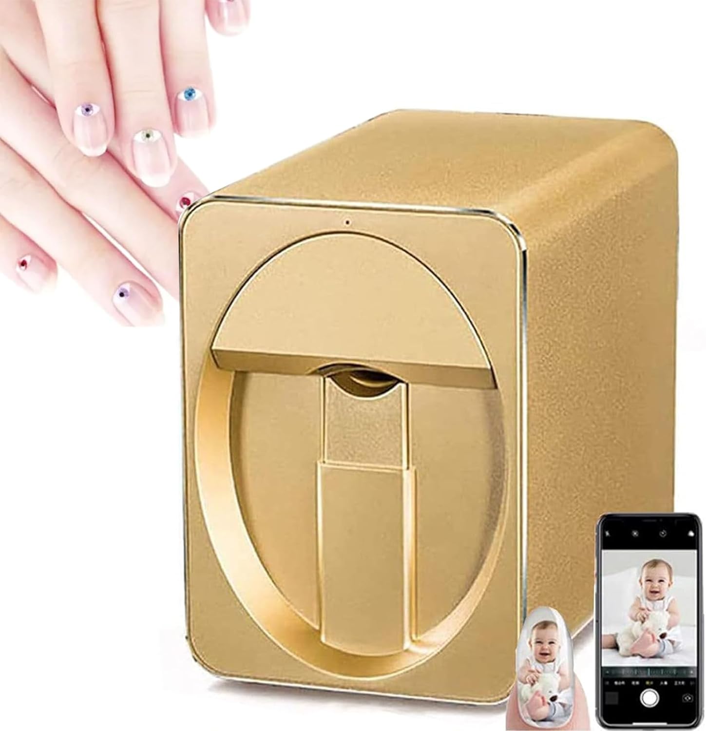 Portable Nail Printer Nail Art Machine, Metal Body Automatic DIY Nail Printer, Phone Control Digital Mobile Nail Art Printer for Home/Nail Lovers (Gold)