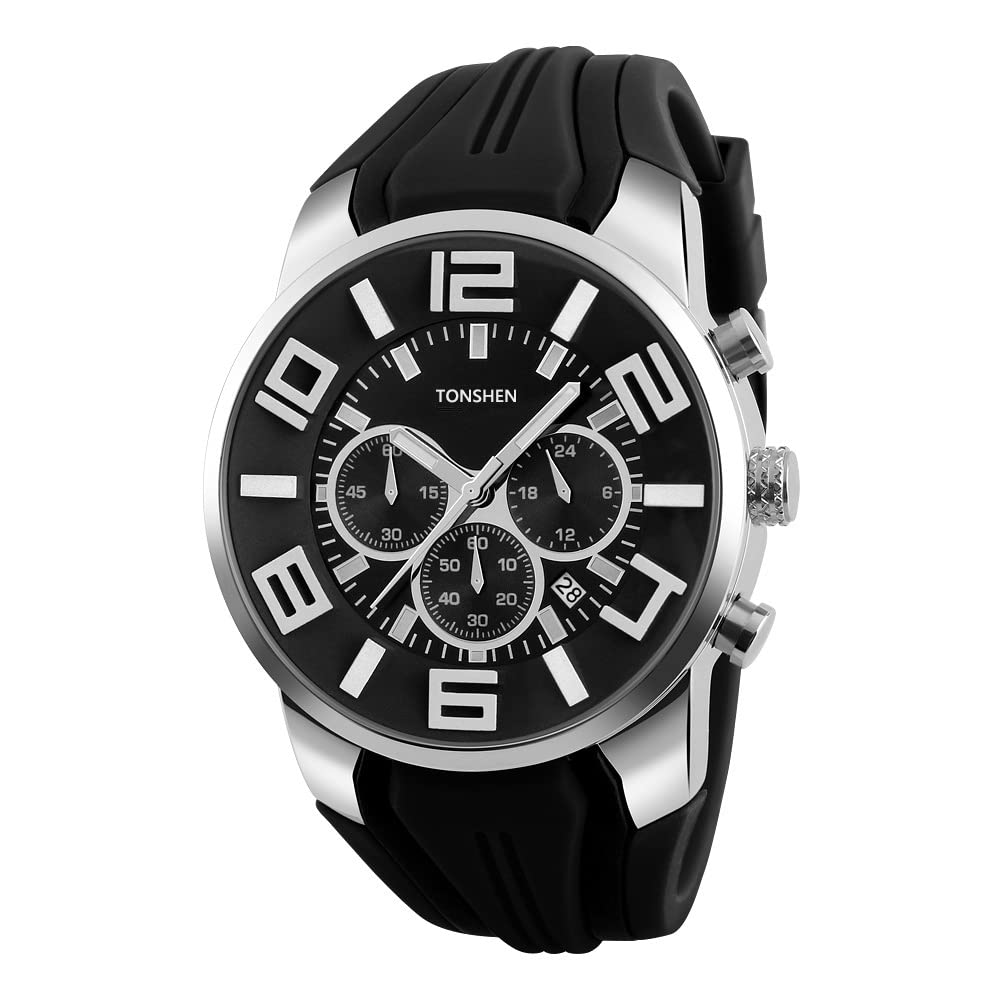 TONSHEN Relojes de Hombre Deportivos Estilo Moda Clásico Analógico Cuarzo Acero Inoxidable Bisel Y Correa Suave Goma Relojes de Pulsera Sub Dial Fecha Temporizador