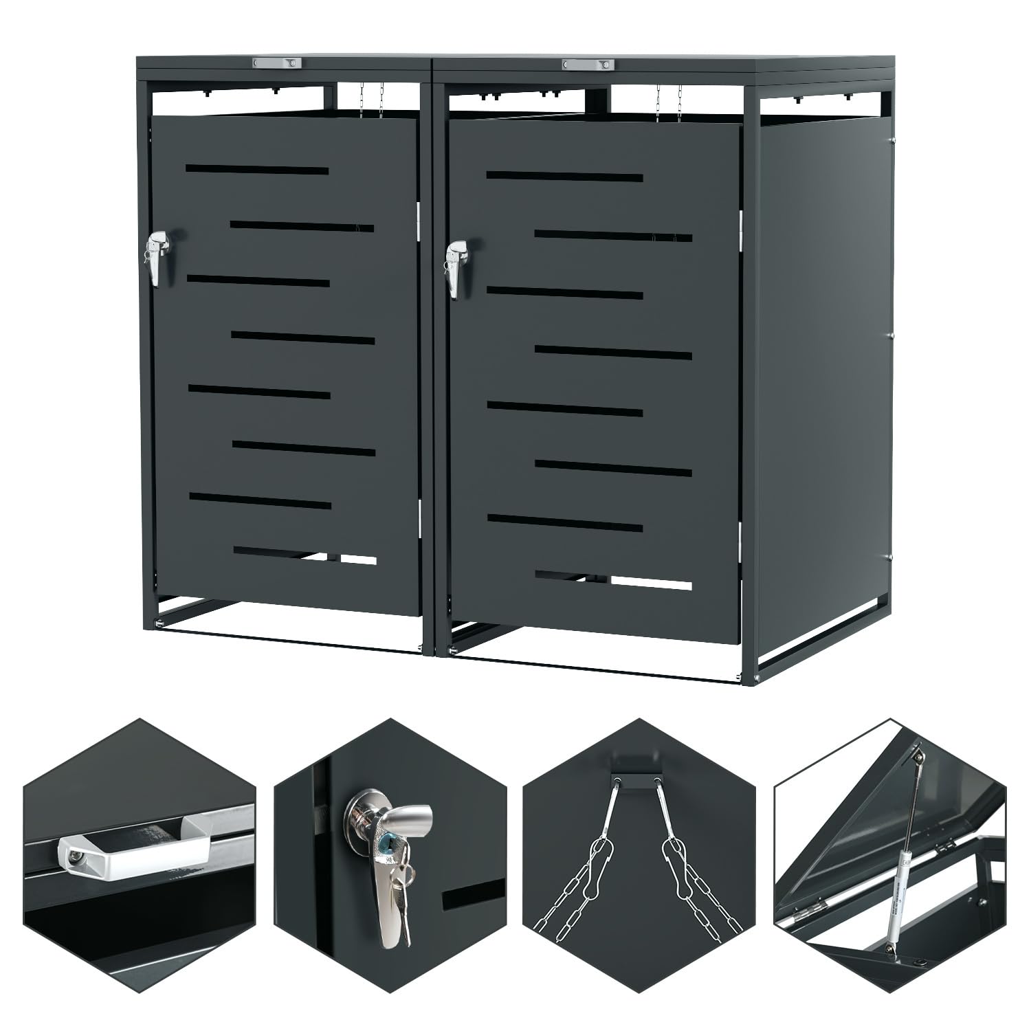 Lot de 2 cache-poubelles pour 2 poubelles de 120 l et 240 l, construction en acier revêtu par pulvérisation, verrouillable avec 2 serrures, couleur anthracite
