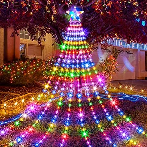 Outdoor Christmas Decorations, 3.5M Star Lights LED Waterfall Christmas Lights 8 Modes Waterproof Christmas Tree Fairy Lights Outdoor String Lights for Xmas Tree Home Party Garden Bedroom Cover