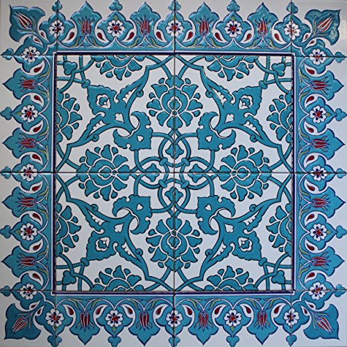 Blue Turkish Iznik Tulip & Floral Pattern Ceramic Tile Mural Panel 24"x24"