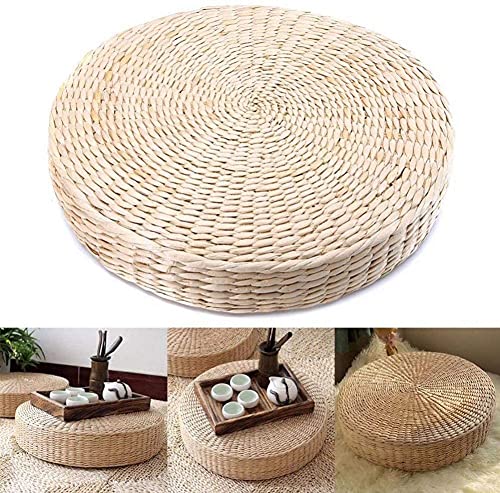 Knitted Straw Flat Seat Cushion, Natural Straw Round Pouf Tatami Cushion Hand-Woven Floor Cushion Meditation Soft Yoga Mat for Dining Living Room Balcony Garden Party, 15.75 x 2.36 inch (Diam X H)