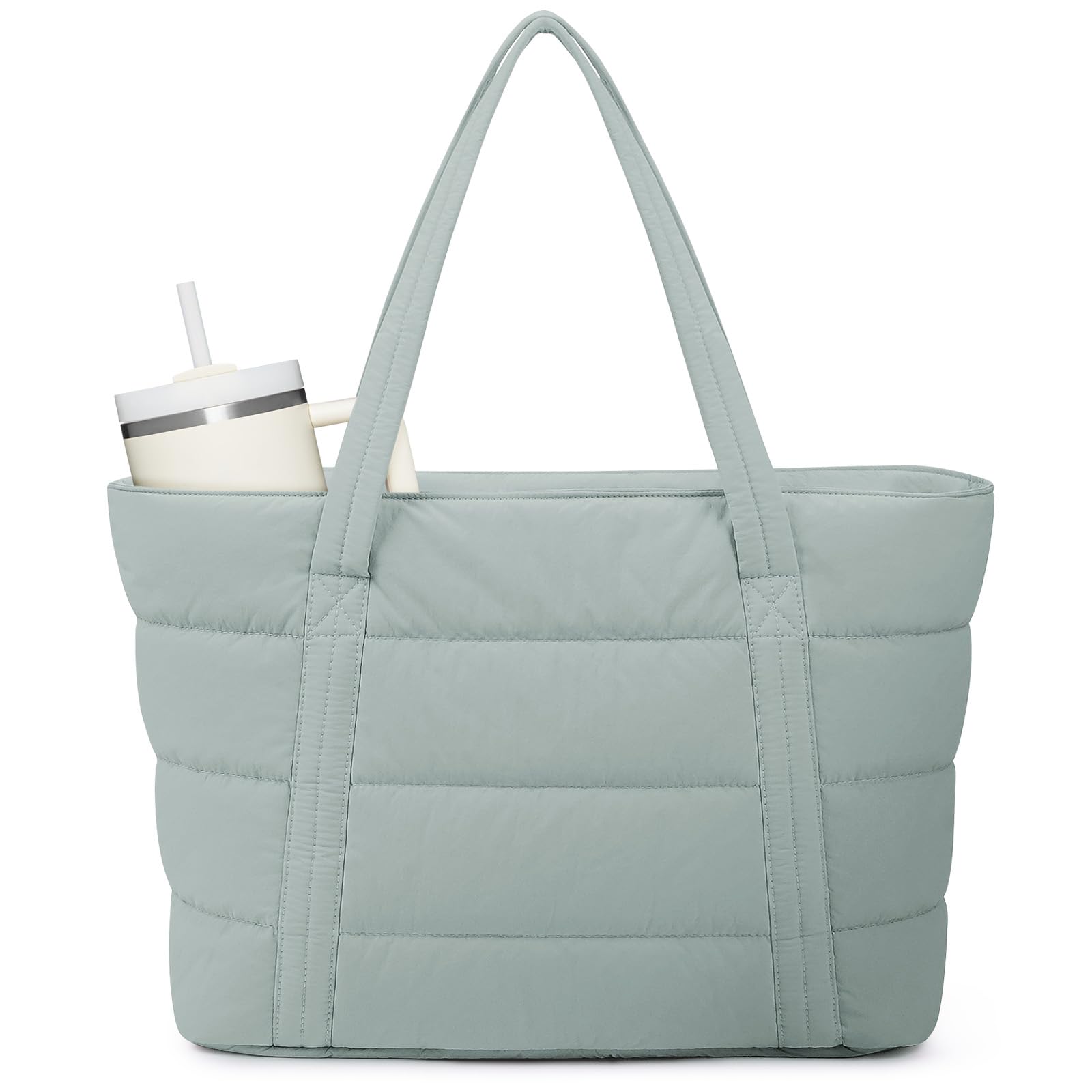 Narwey Puffer Tote Bag for Women with Cup Holder Laptop Compartments Quilted Travel Gym Work Tote Bags for