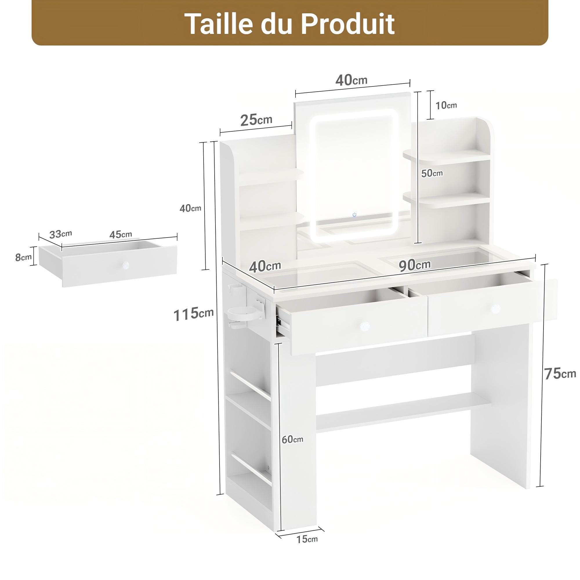 Claiks Coiffeuse avec Miroir éclairé par LED, 90 x 40 x 125 cm, Luminosité Réglable et 3 Couleurs de Lumière, Coiffeuse avec Plateau en Verre Transparent, 2 Tiroirs et 4 étagères de Rangement, Blanc