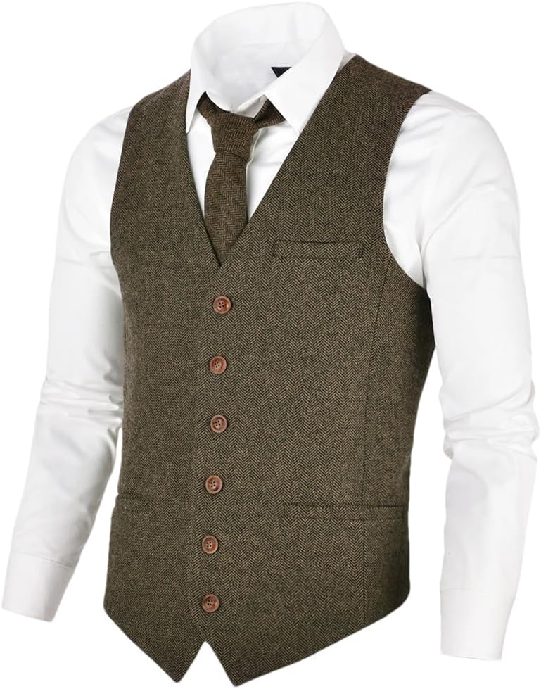 Generic Mens Tweed Vest Suit Slim Fit Wool Blend Single Breasted Waistcoat Men Waist Coat