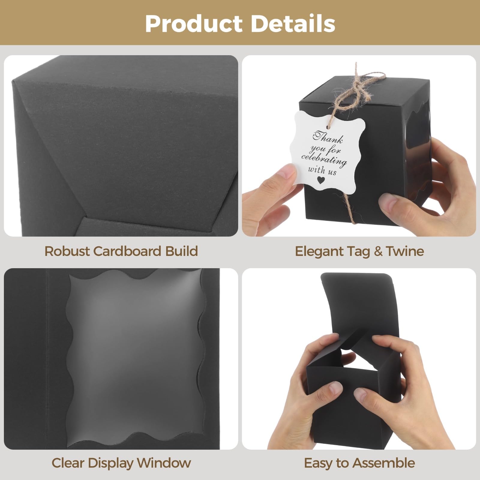 50 Set Kerzen-Geschenkboxen mit transparentem Fenster, Dankeschön-Tags und Bindfaden, Papier-Geschenkverpackungsboxen für Hochzeiten, Partys und Brautpartys, Schwarz